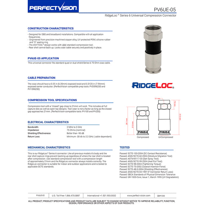 Perfect Vision PV6UE-05 'Ridgeloc' Câble de compression pour câble coaxial RG6 à ajustement universel......