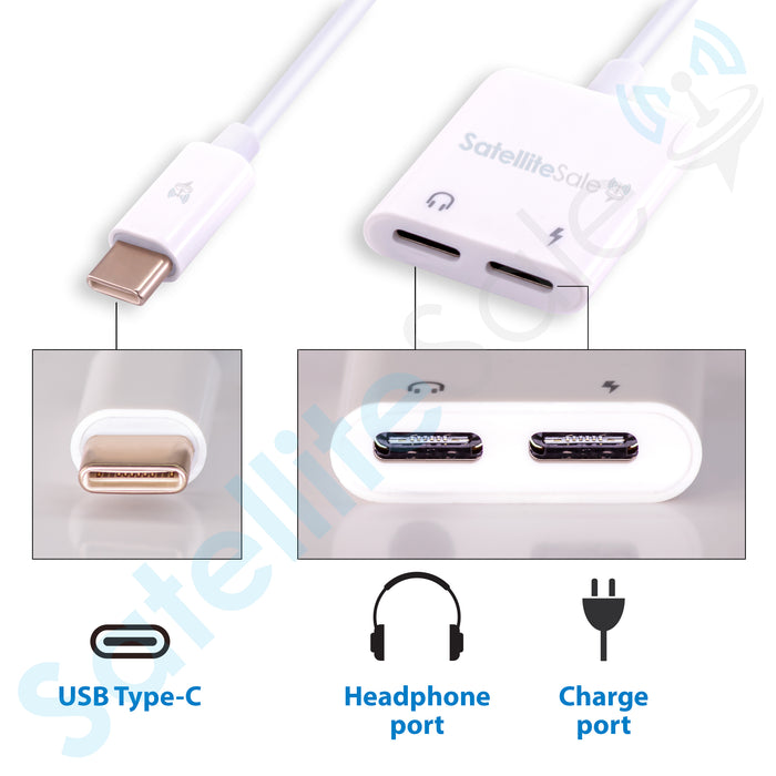 SatelliteSale Universal USB Type C Audio and Power Adapter Male to Female Black And White PVC Converter