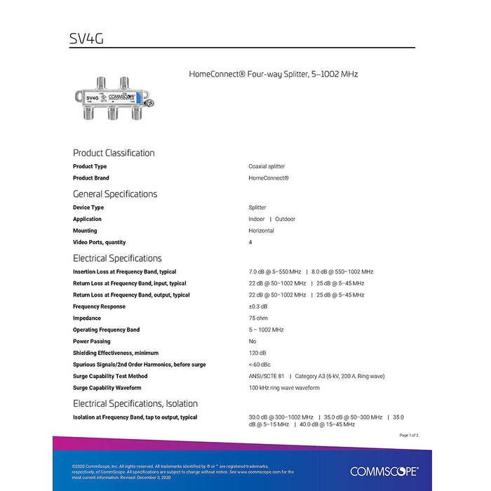 Commscope SV-4G Divisor digital coaxial de 4 vías 5-1000 mhz